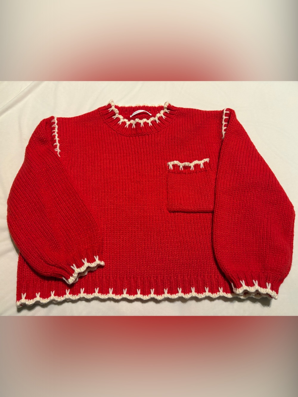 Altar'd State Red Crewneck Sweater with White Scallop Stitching